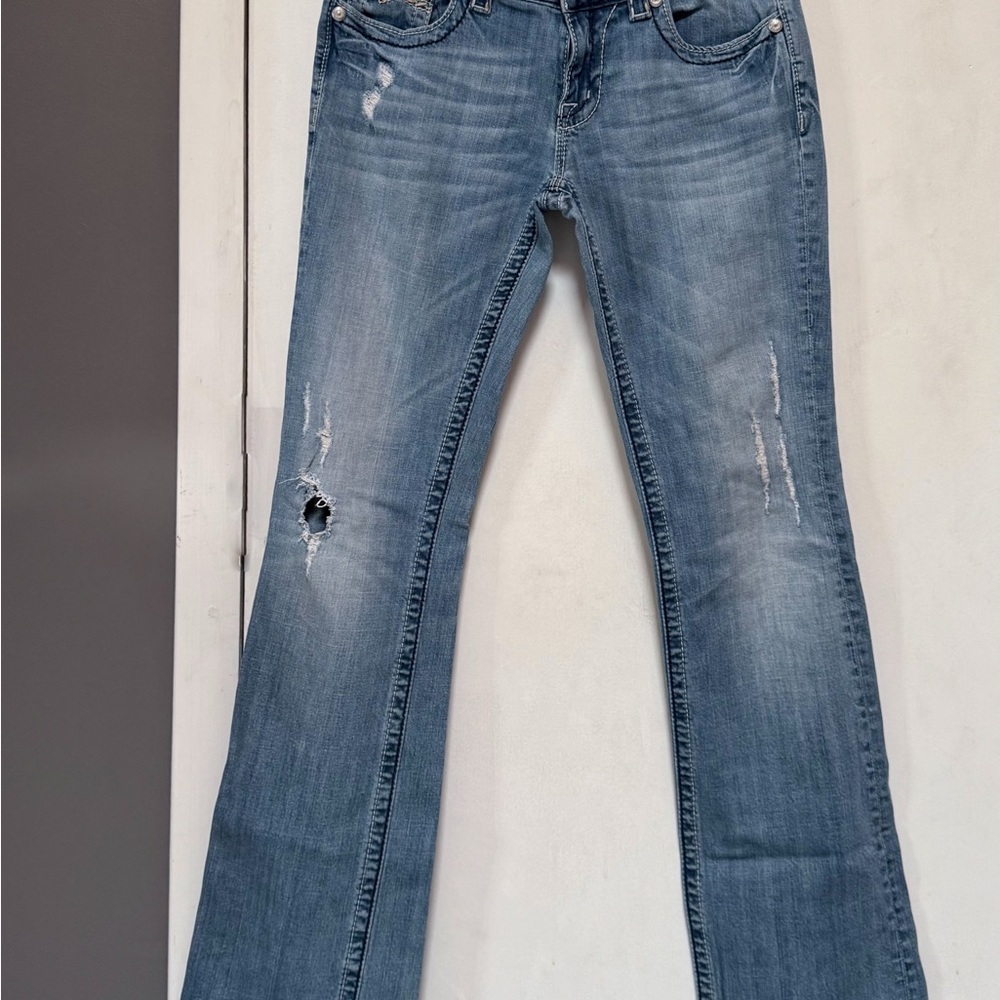 Miss Me Blue Boot Cut Jeans with Classic Distressed Style